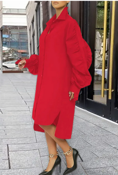 Red Fashion Casual Solid Slit Turndown Collar Long Sleeve Shirt Dress