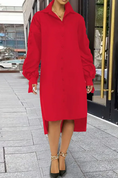 Red Fashion Casual Solid Slit Turndown Collar Long Sleeve Shirt Dress