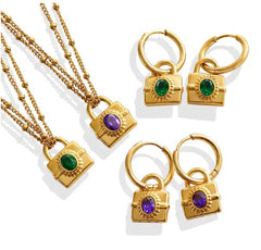 Fashion Lock Titanium Steel Inlay Zircon Earrings Necklace