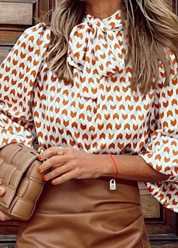 Multicolor Geometric Print Tie Puff Sleeve Blouse