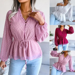 Elegant Round Dots Polka Dots V Neck Long Sleeve Bishop Sleeve Chiffon Shirt