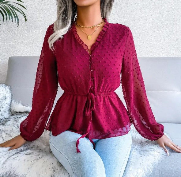 Elegant Round Dots Polka Dots V Neck Long Sleeve Bishop Sleeve Chiffon Shirt